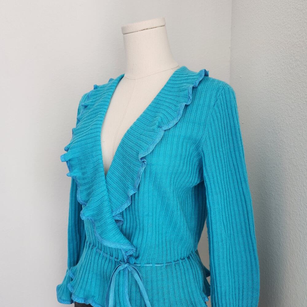 Vintage 70s Blue Teal Knit Ruffle Wrap Cardigan Tie Waist Top S Kentelle - Picture 5 of 16